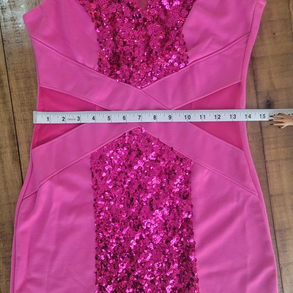Poof Apparel Mesh Sequenced Hot Pink Bodycon Dress - Large, runs small - Picture 9 of 11